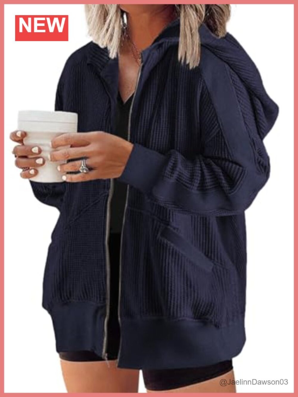 Plus Size Zip Up Hoodie Waffle Knit Oversized Sweatshirt
